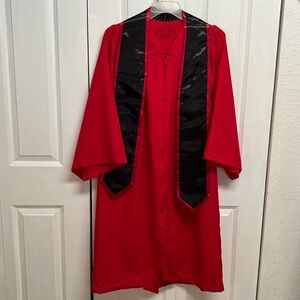Oak Hall Red Graduation Gown with Red Black Satin Shaw Size 5’3 to 5’5